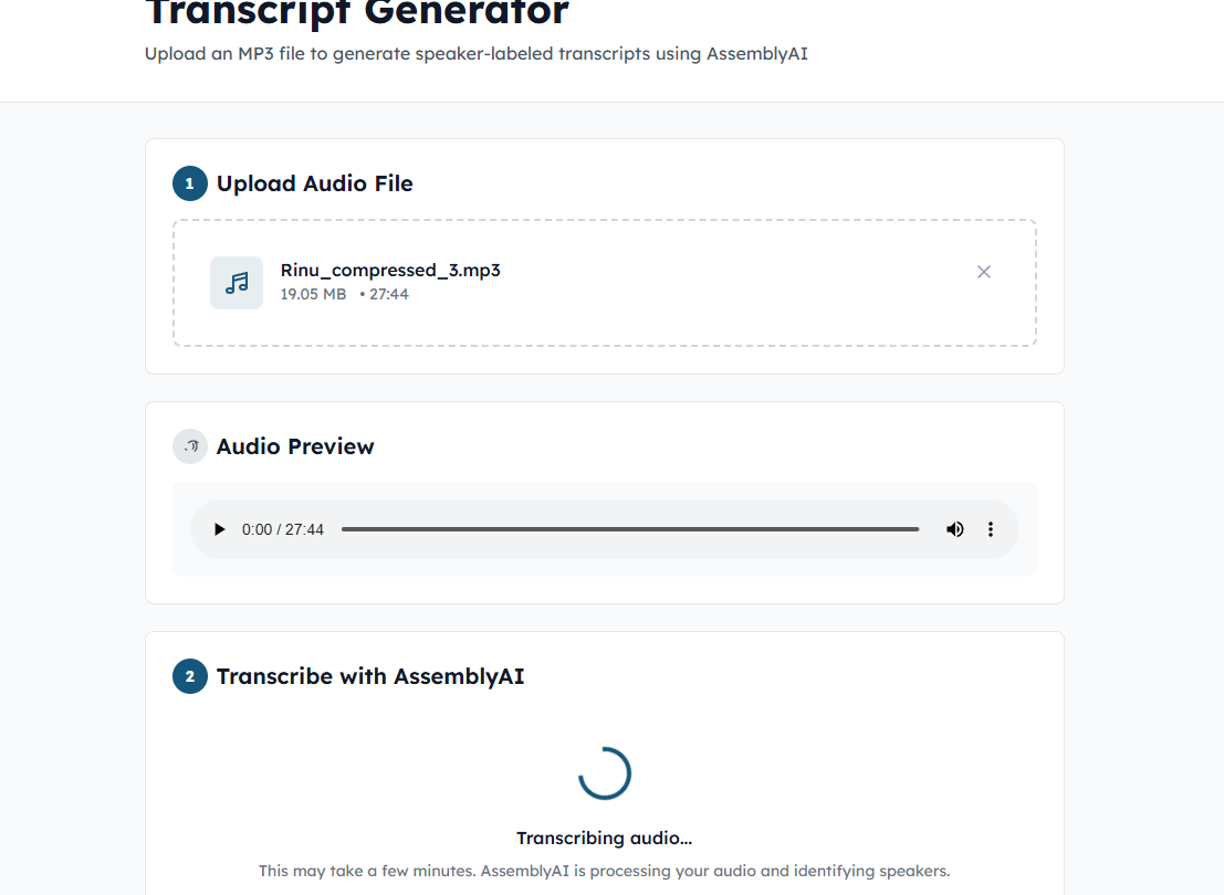 Transcript generator UI - Transcribing