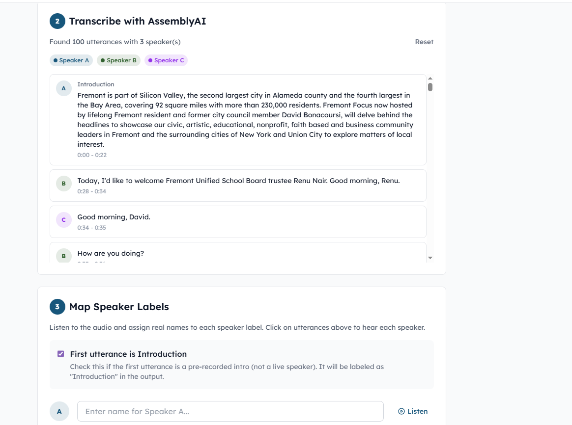 Transcript generator UI - Mapping speaker labels