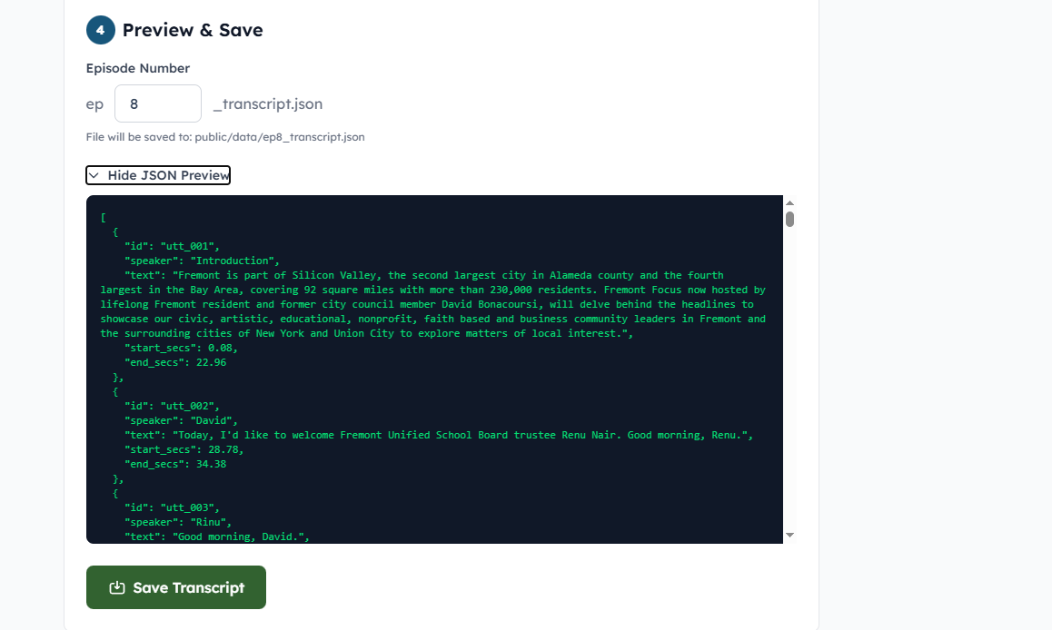 Transcript generator UI - Preview and save
