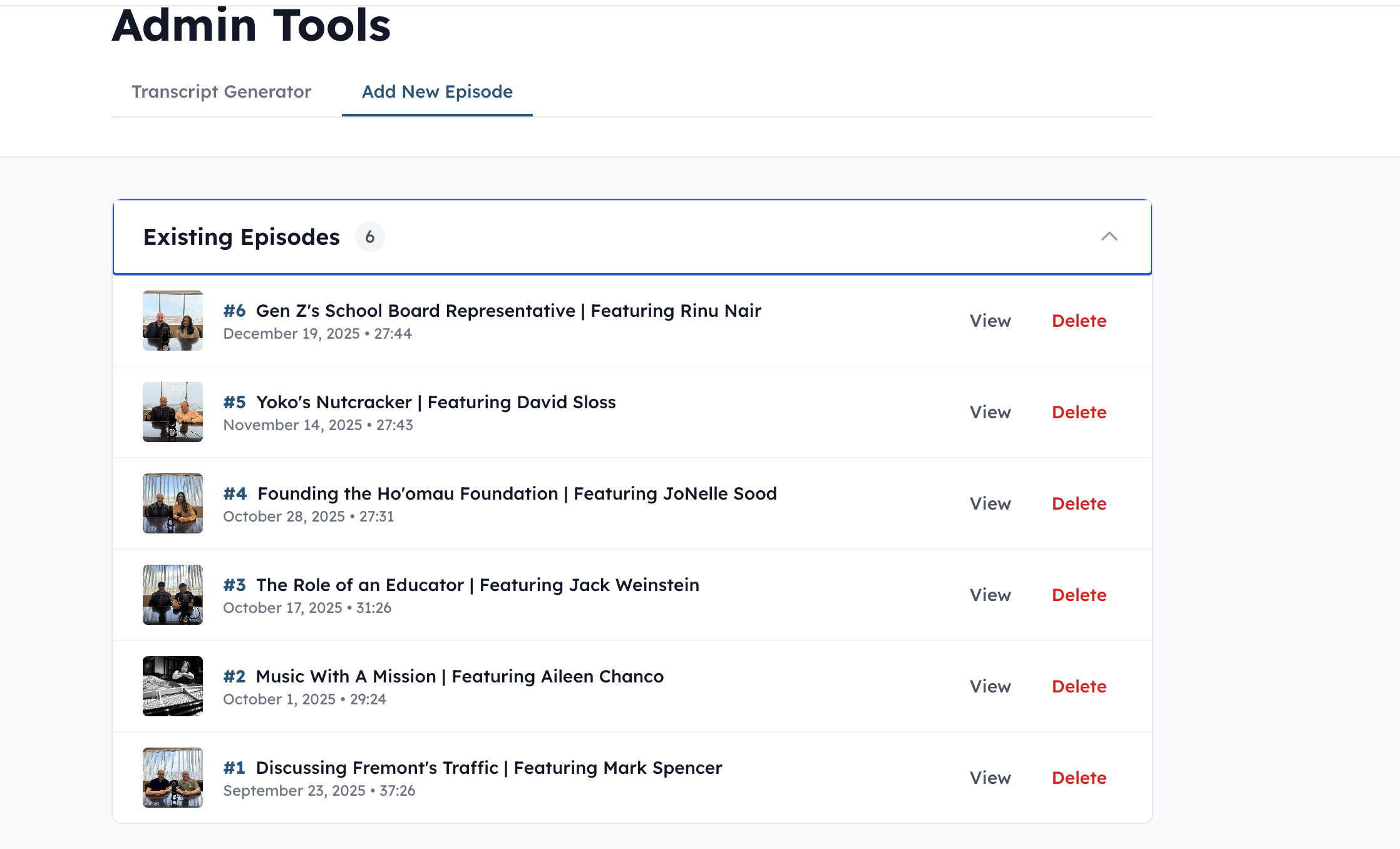 Admin Tools - Episode Management Interface