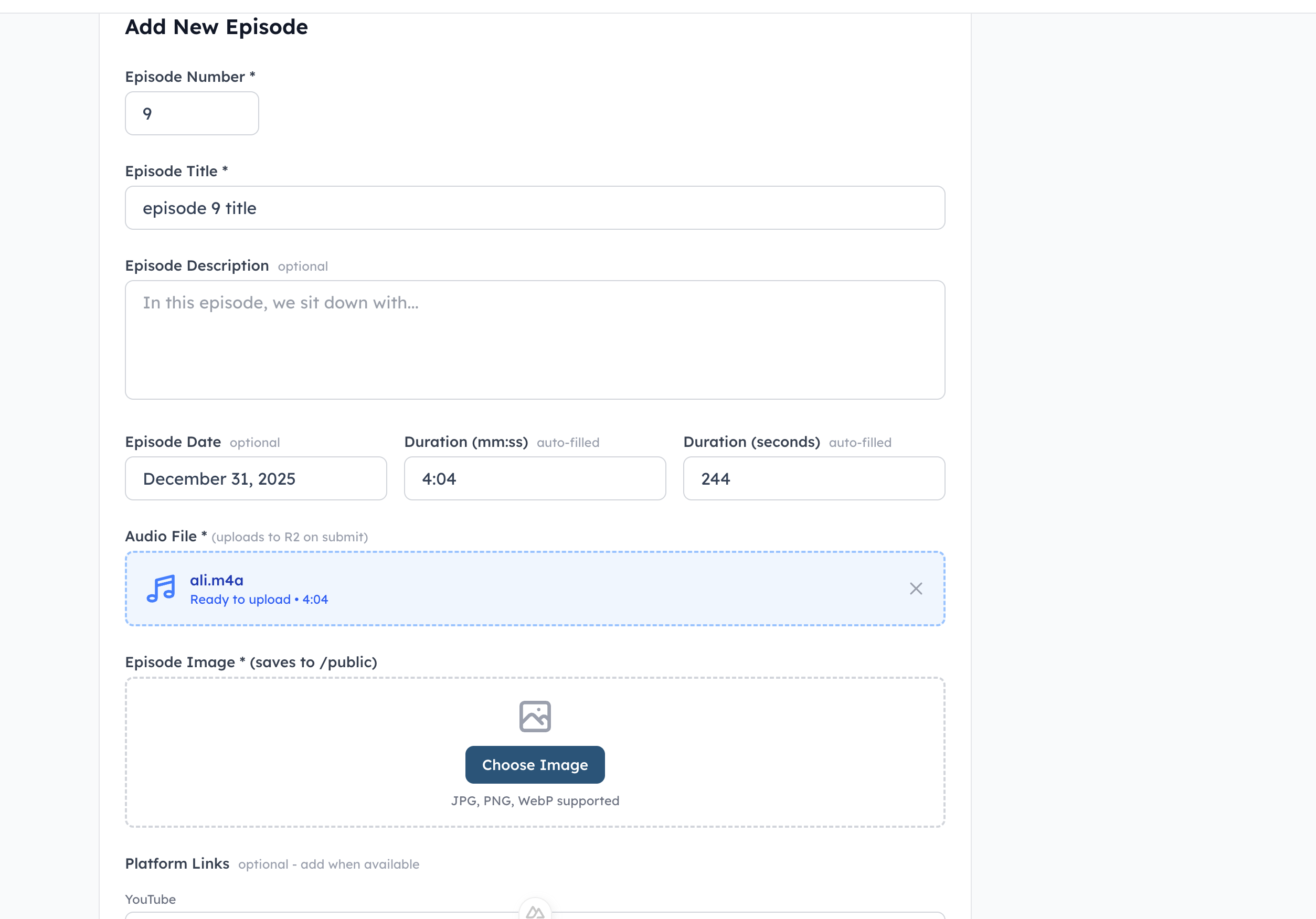 Admin Tools - Add New Episode Form