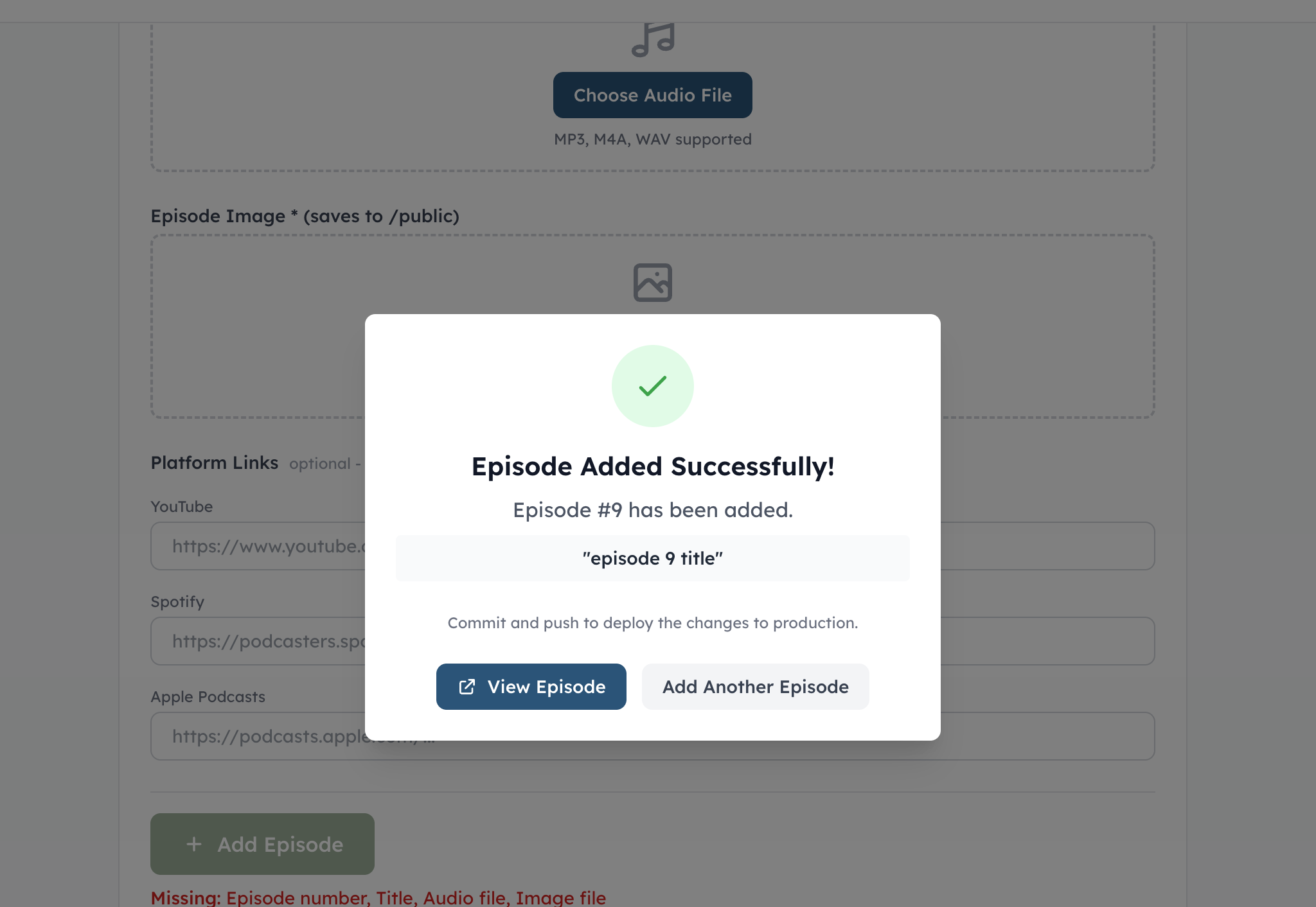 Admin Tools - Success Modal After Adding Episode