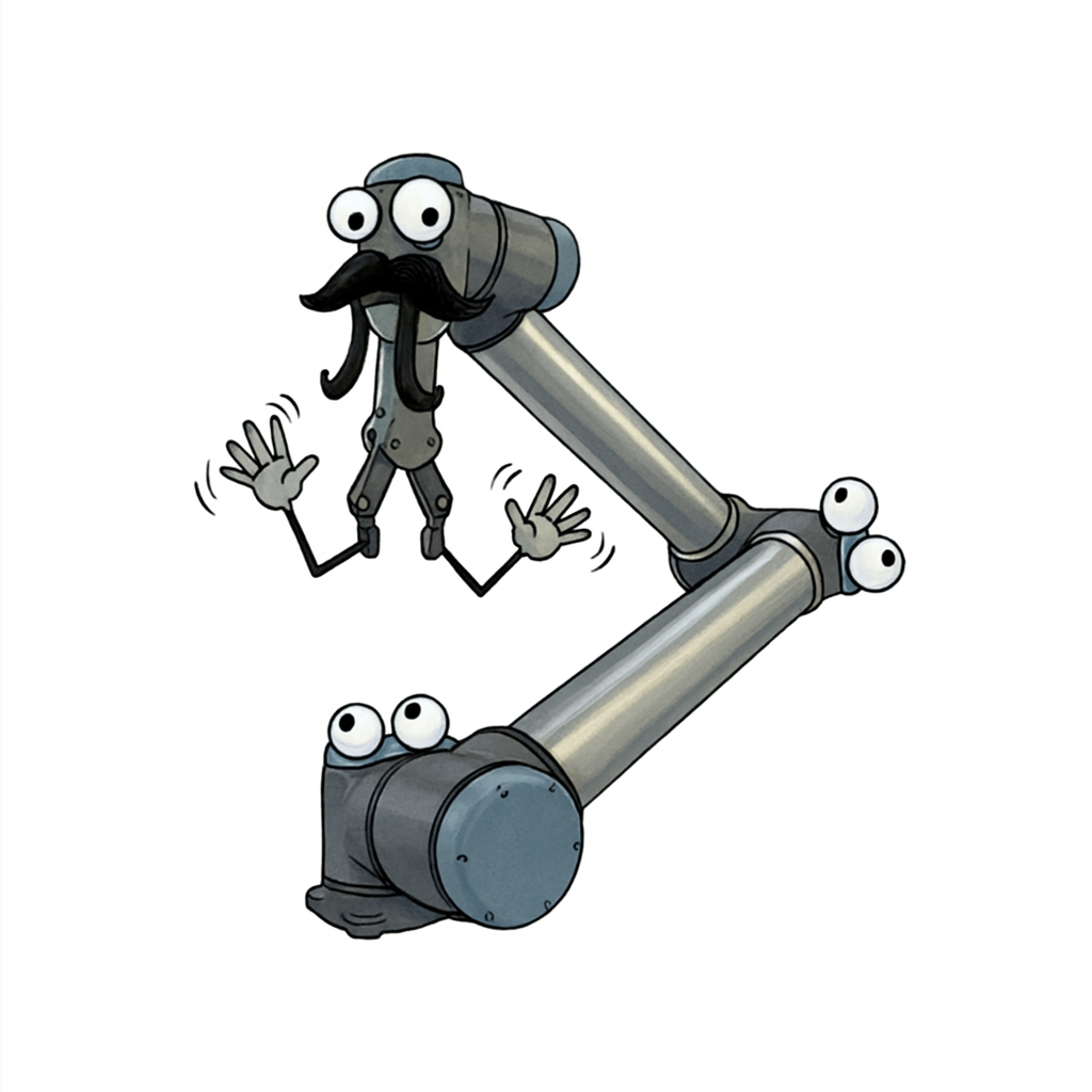 UR robot arm with googly eyes and mustache
